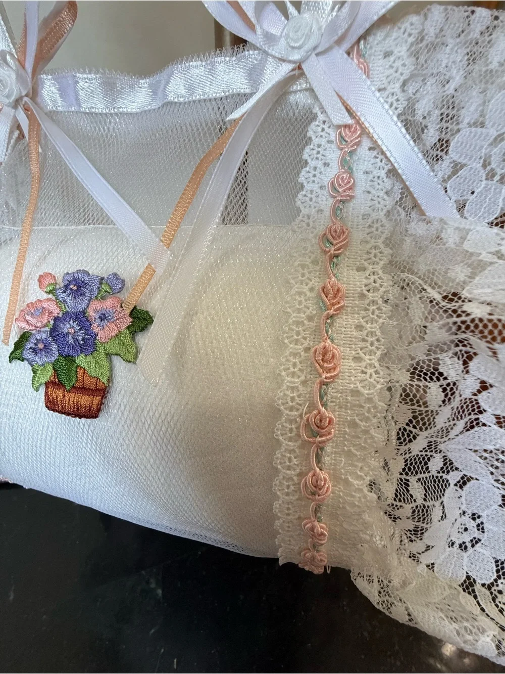 💐 Hand Crafted White and Pink Lace Hand Towel & Spare Toilet Paper Sachet 💐